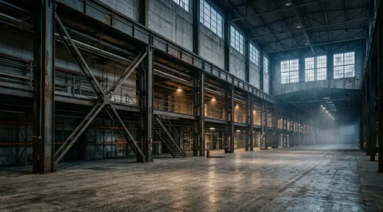 Entrepôt industriel moderne avec structure métallique et équipements techniques illustrant les risques d'assurance