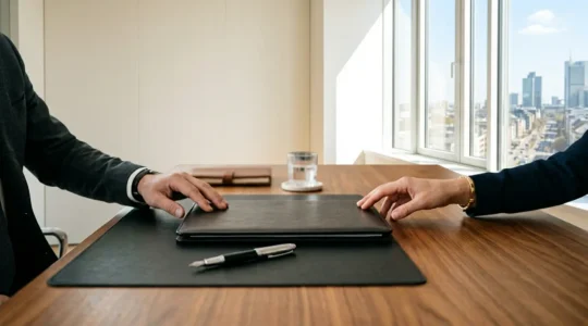 Document d'attestation de responsabilité civile professionnelle sur un bureau professionnel avec négociation entre deux parties