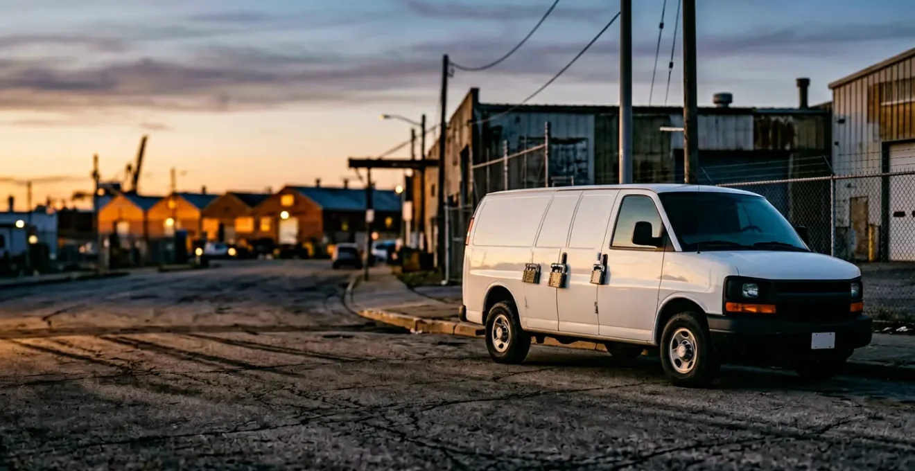 Camionnette d'artisan avec outillage professionnel sécurisé la nuit
