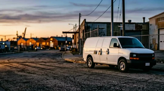 Camionnette d'artisan avec outillage professionnel sécurisé la nuit