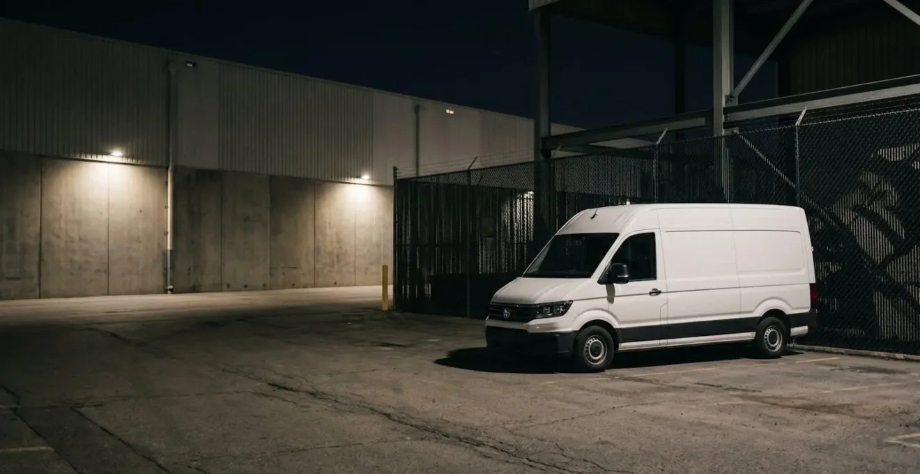 Vue d'ensemble d'une camionnette professionnelle avec dispositifs de sécurité dans un environnement nocturne