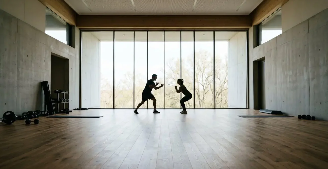 Coach sportif accompagnant un client lors d'une séance d'entraînement en salle