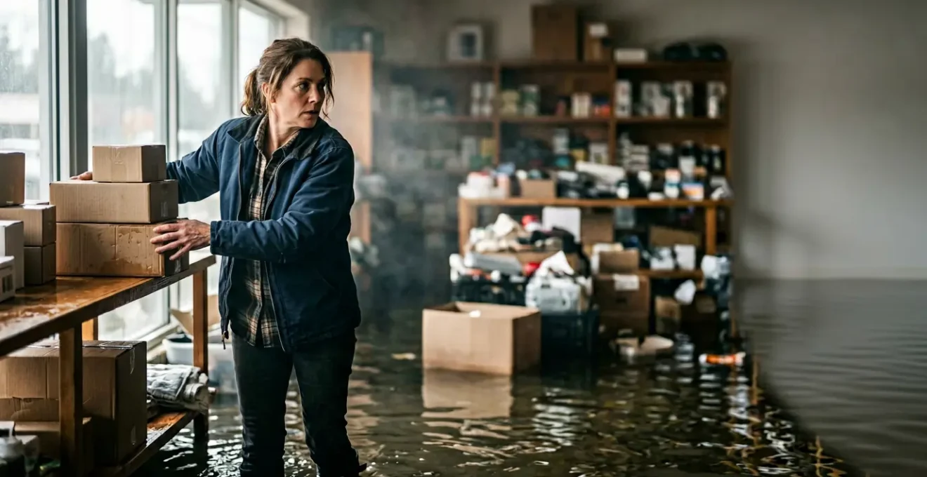 Commerçant face à l'urgence d'un dégât des eaux menaçant son stock professionnel