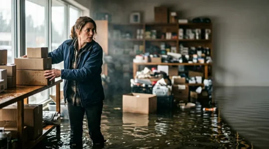 Commerçant face à l'urgence d'un dégât des eaux menaçant son stock professionnel