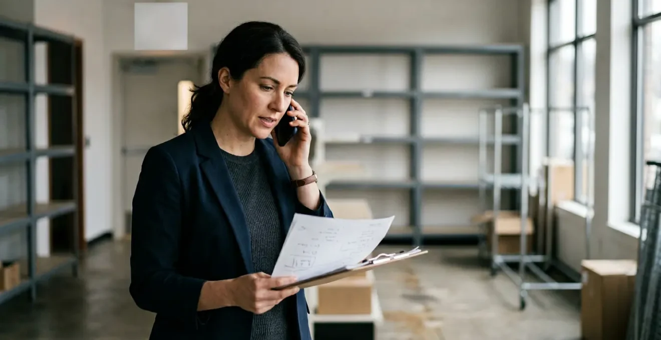 Scene de reprise d'activite urgente d'un commerce apres sinistre avec preparation et action immediate
