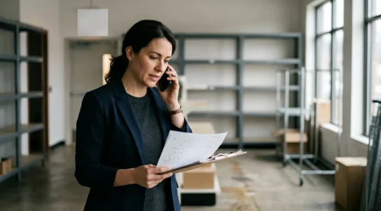 Scene de reprise d'activite urgente d'un commerce apres sinistre avec preparation et action immediate