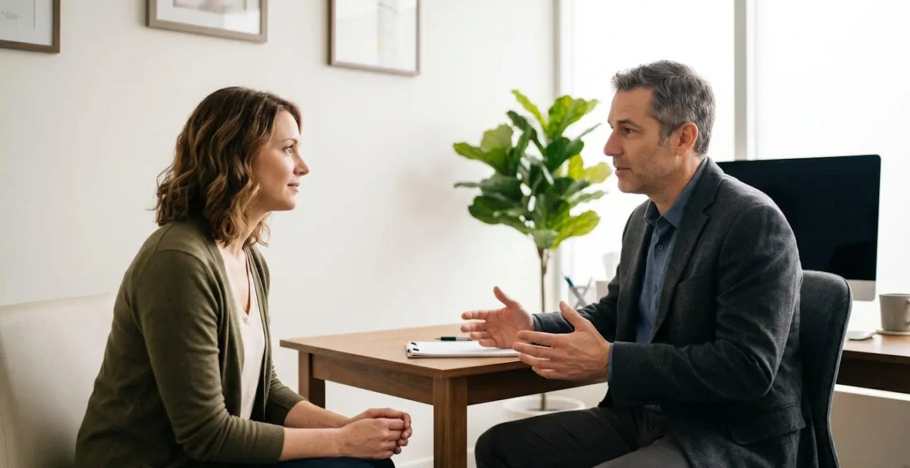 Scène de consultation médicale avec médecin et patient dans une atmosphère de confiance et dialogue ouvert