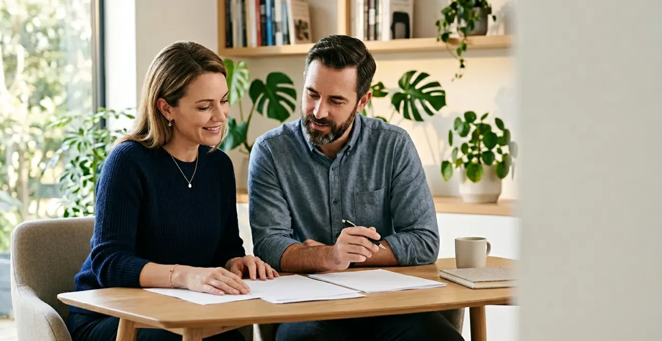 Couple d'entrepreneurs planifiant leur avenir financier dans un environnement professionnel serein