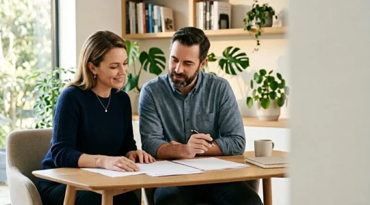 Couple d'entrepreneurs planifiant leur avenir financier dans un environnement professionnel serein