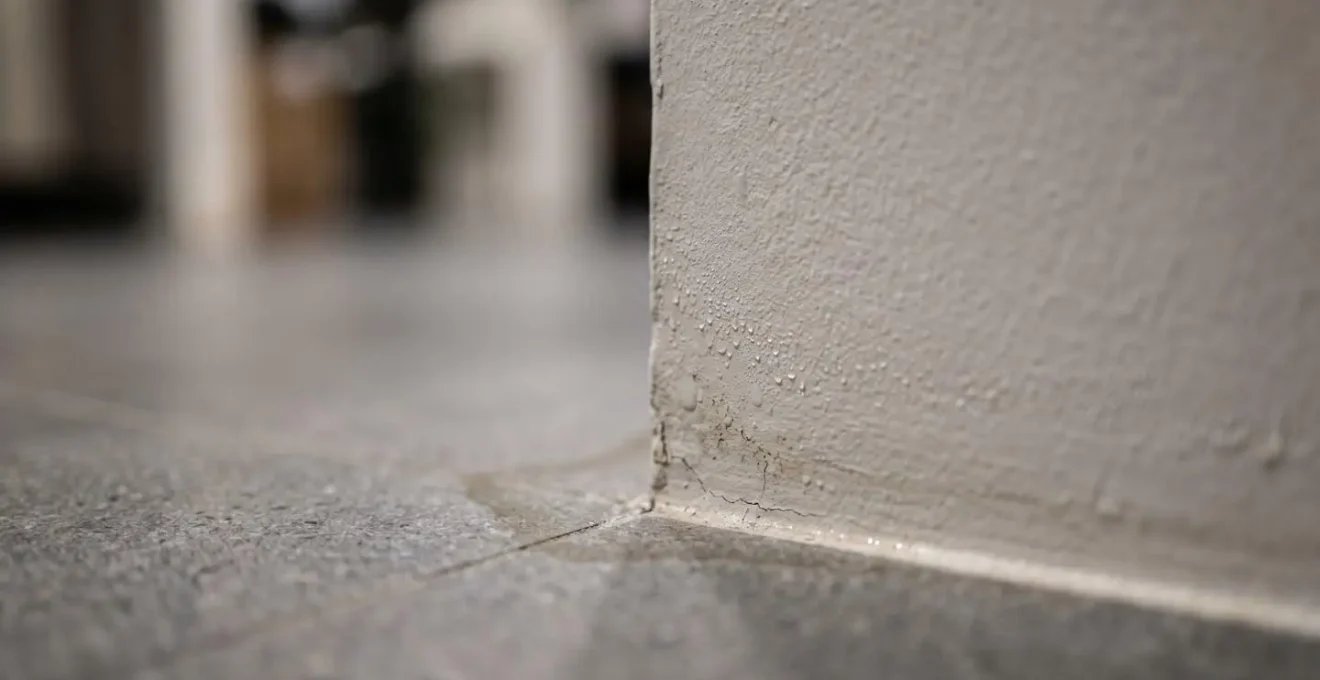 Macro photographie révélant les signes invisibles d'humidité dans une structure de bâtiment commercial