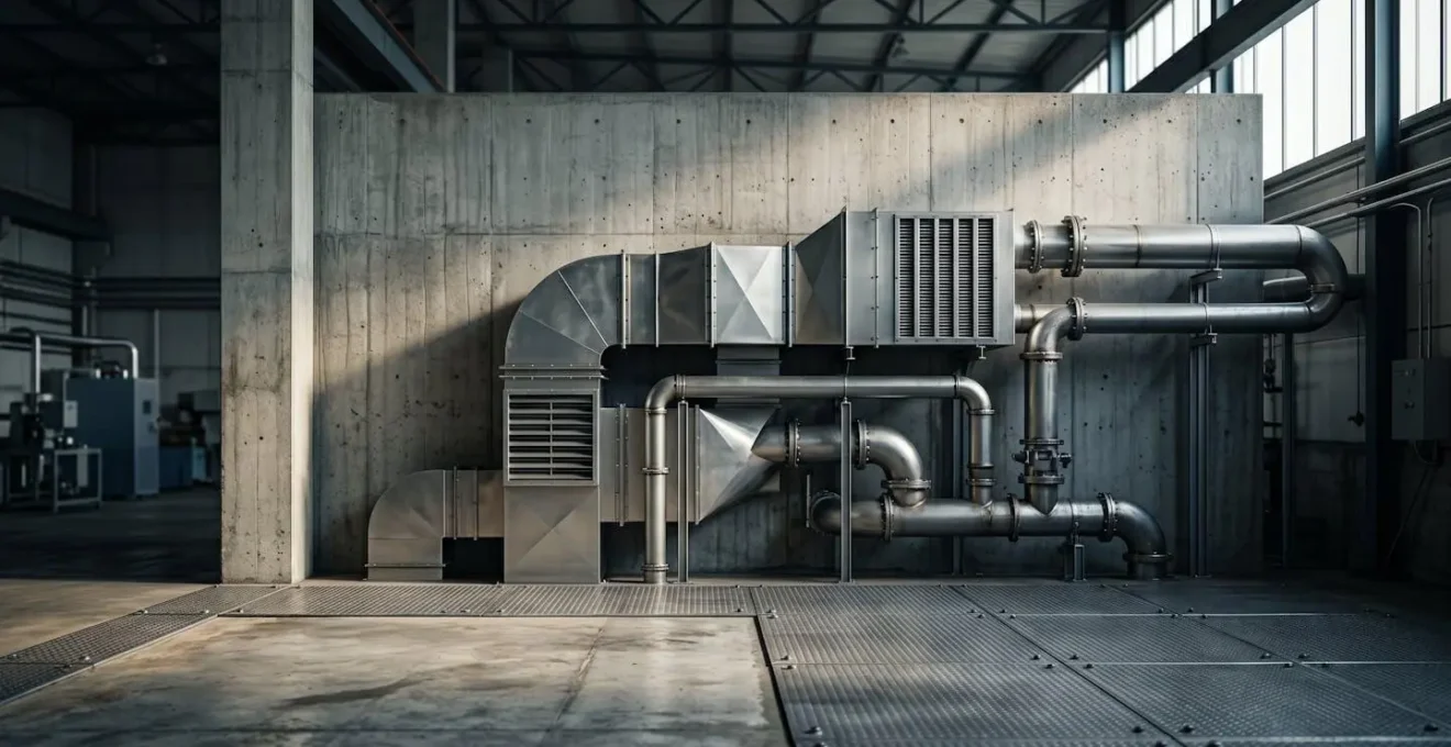 Installation technique spécialisée dans un local industriel montrant des équipements personnalisés et aménagements