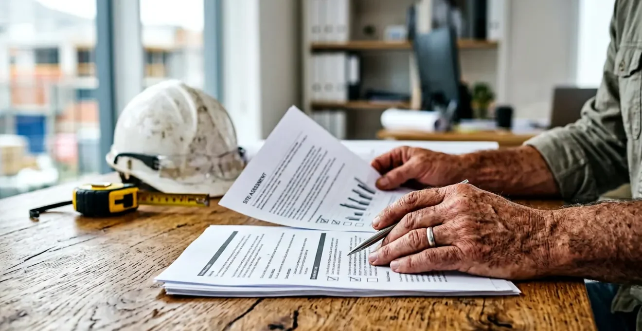 Entrepreneur du bâtiment consultant des documents d'assurance pour sa nouvelle entreprise