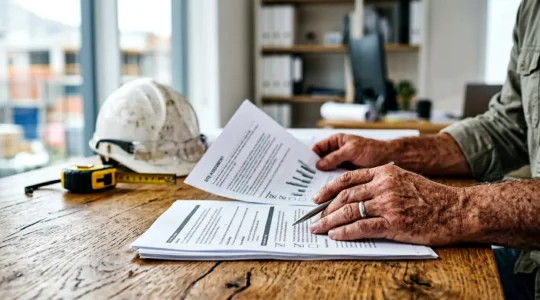 Entrepreneur du bâtiment consultant des documents d'assurance pour sa nouvelle entreprise