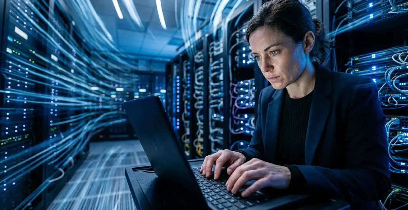 Expert en cybersécurité intervenant lors d'une crise informatique dans une salle de serveurs