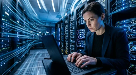 Expert en cybersécurité intervenant lors d'une crise informatique dans une salle de serveurs