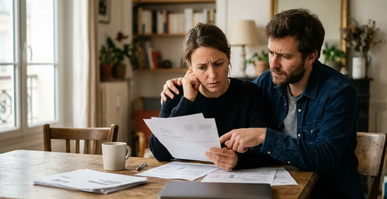 Famille regardant avec inquiétude des documents administratifs liés à la protection sociale