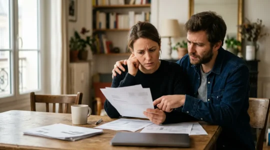 Famille regardant avec inquiétude des documents administratifs liés à la protection sociale