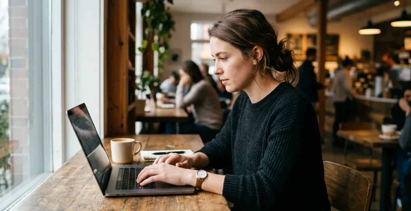 Freelance travaillant sur MacBook Pro dans un café lumineux avec environnement professionnel moderne