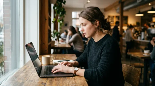 Freelance travaillant sur MacBook Pro dans un café lumineux avec environnement professionnel moderne