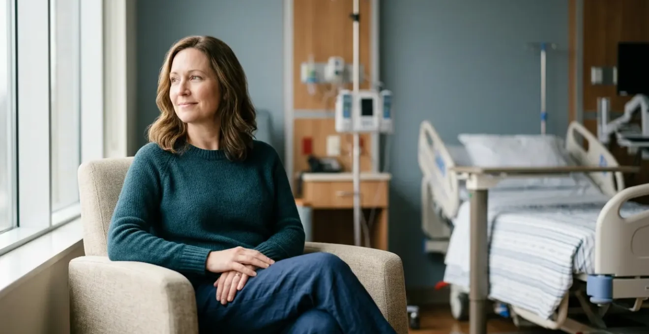 Patient serein dans un environnement hospitalier moderne avec espace de tranquillité symbolisant la sécurité financière