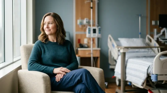 Patient serein dans un environnement hospitalier moderne avec espace de tranquillité symbolisant la sécurité financière