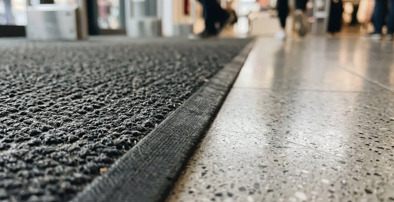 Zone d'entrée de commerce avec éléments de prévention contre les chutes