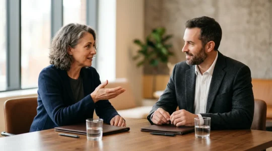 Négociation professionnelle entre deux parties pour résoudre un contentieux commercial de manière amiable