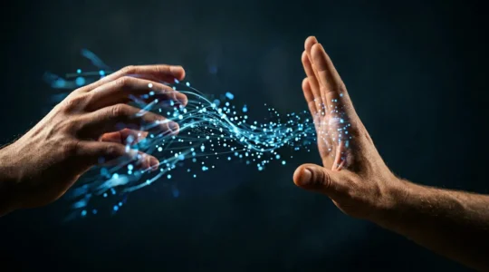 Métaphore visuelle de la transmission de risques numériques et de la responsabilité professionnelle dans le secteur informatique