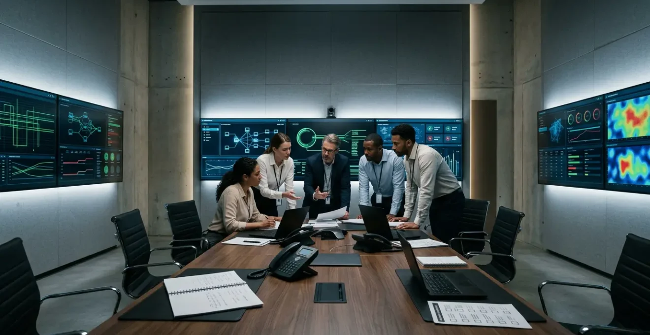 Cellule de crise réunie dans une salle de commandement lors d'une cyberattaque urgente