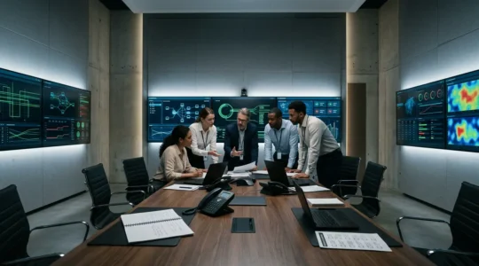 Cellule de crise réunie dans une salle de commandement lors d'une cyberattaque urgente