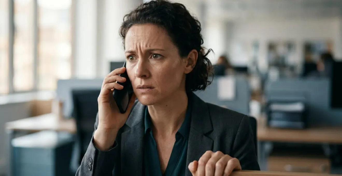 Représentation conceptuelle d'une arnaque au président avec un téléphone et des éléments suggérant l'urgence et la manipulation psychologique