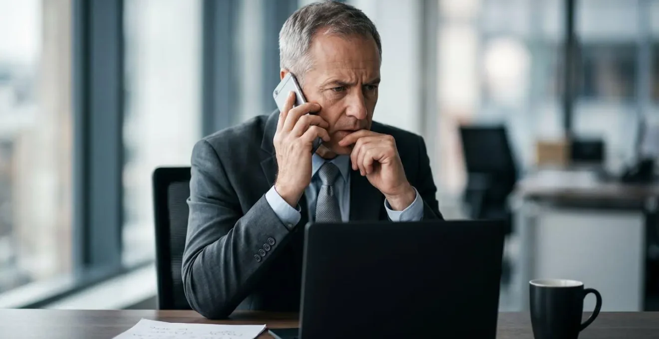 Dirigeant d'entreprise effectuant des appels de crise urgents lors d'une cyberattaque