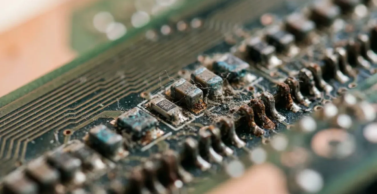 Représentation symbolique d'une vulnérabilité informatique non corrigée avec de la poussière sur une carte de circuit imprimé